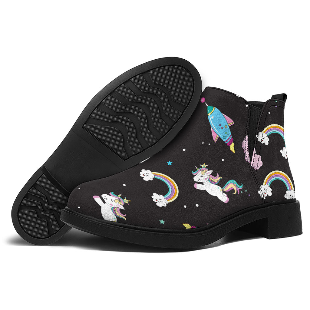 Star Space Unicorn Pattern Print Flat Ankle Boots