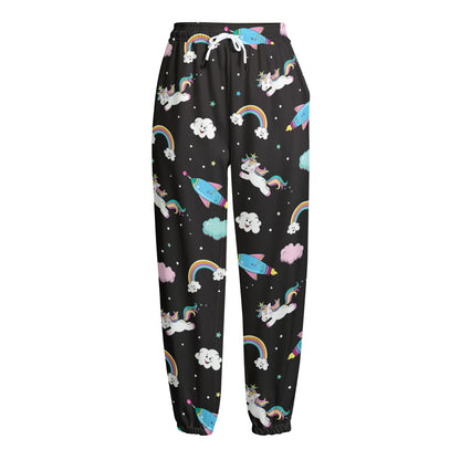Star Space Unicorn Pattern Print Fleece Lined Knit Pants
