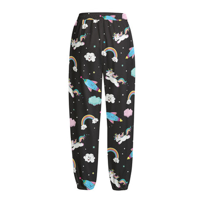 Star Space Unicorn Pattern Print Fleece Lined Knit Pants
