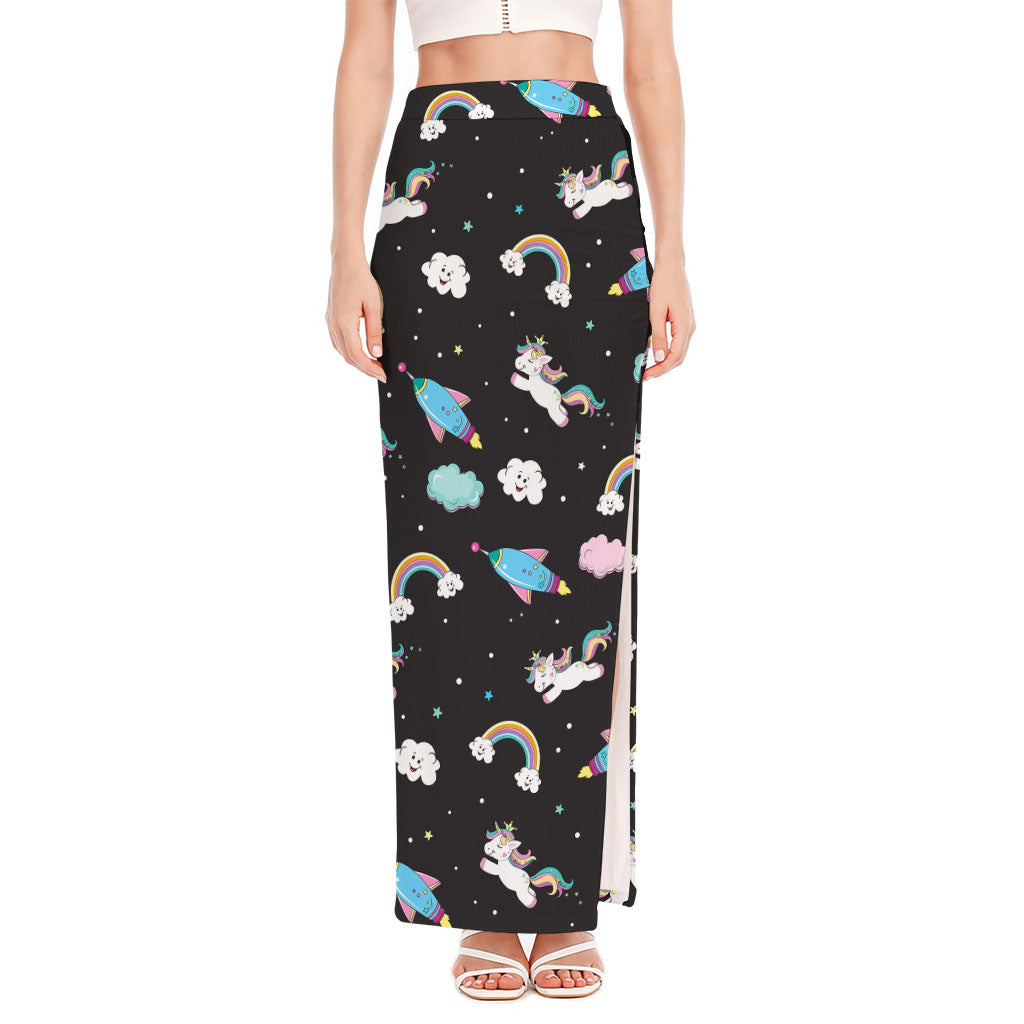 Star Space Unicorn Pattern Print High Slit Maxi Skirt