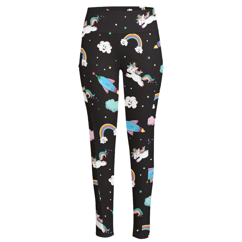 Star Space Unicorn Pattern Print High-Waisted Pocket Leggings