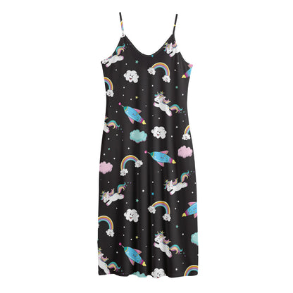 Star Space Unicorn Pattern Print Jersey Midi Cami Dress