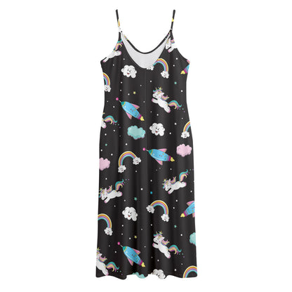Star Space Unicorn Pattern Print Jersey Midi Cami Dress