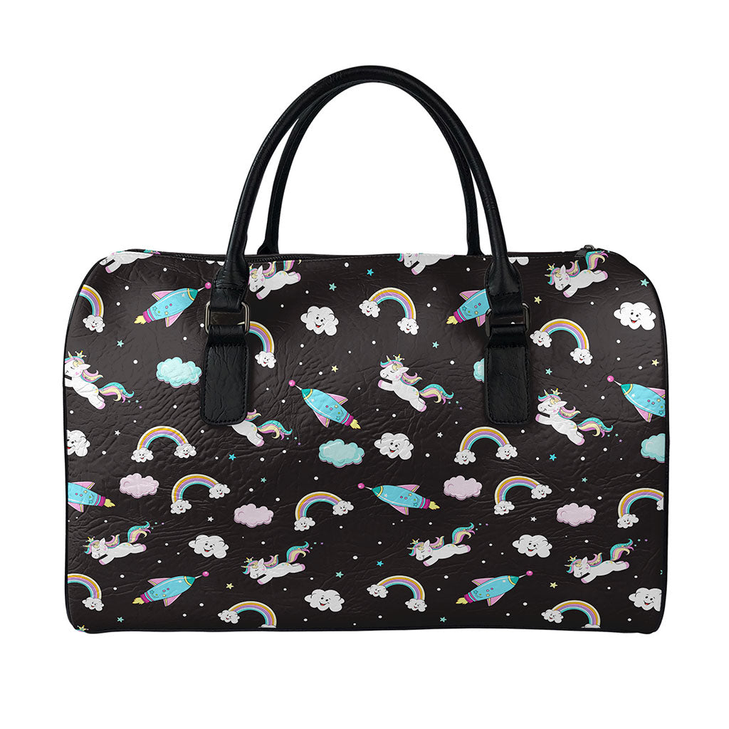 Star Space Unicorn Pattern Print Leather Duffle Bag