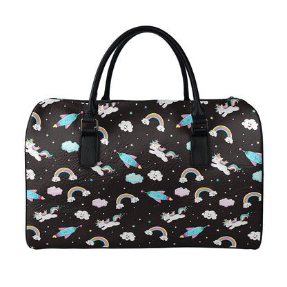 Star Space Unicorn Pattern Print Leather Duffle Bag