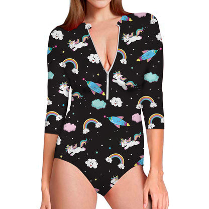 Star Space Unicorn Pattern Print Long Sleeve Swimsuit