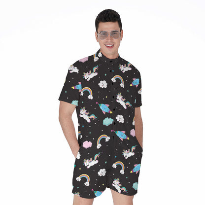 Star Space Unicorn Pattern Print Men's Rompers