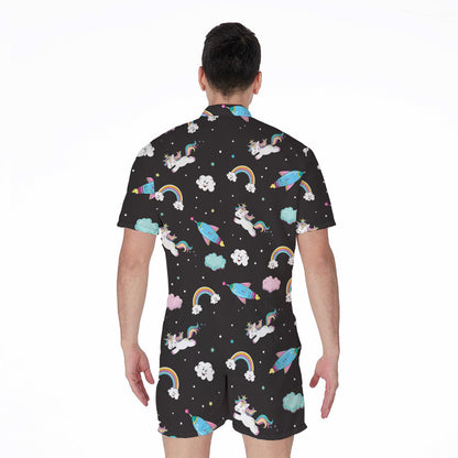 Star Space Unicorn Pattern Print Men's Rompers