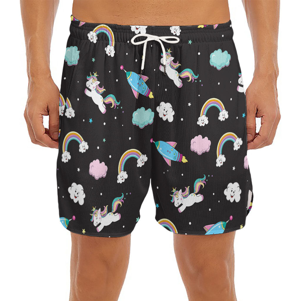 Star Space Unicorn Pattern Print Men's Split Running Shorts