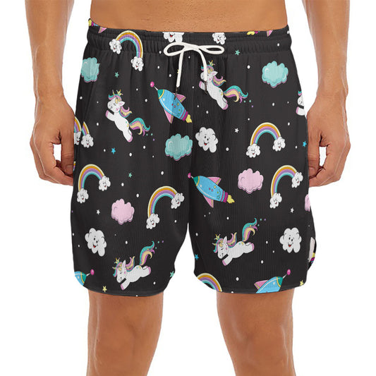 Star Space Unicorn Pattern Print Men's Split Running Shorts