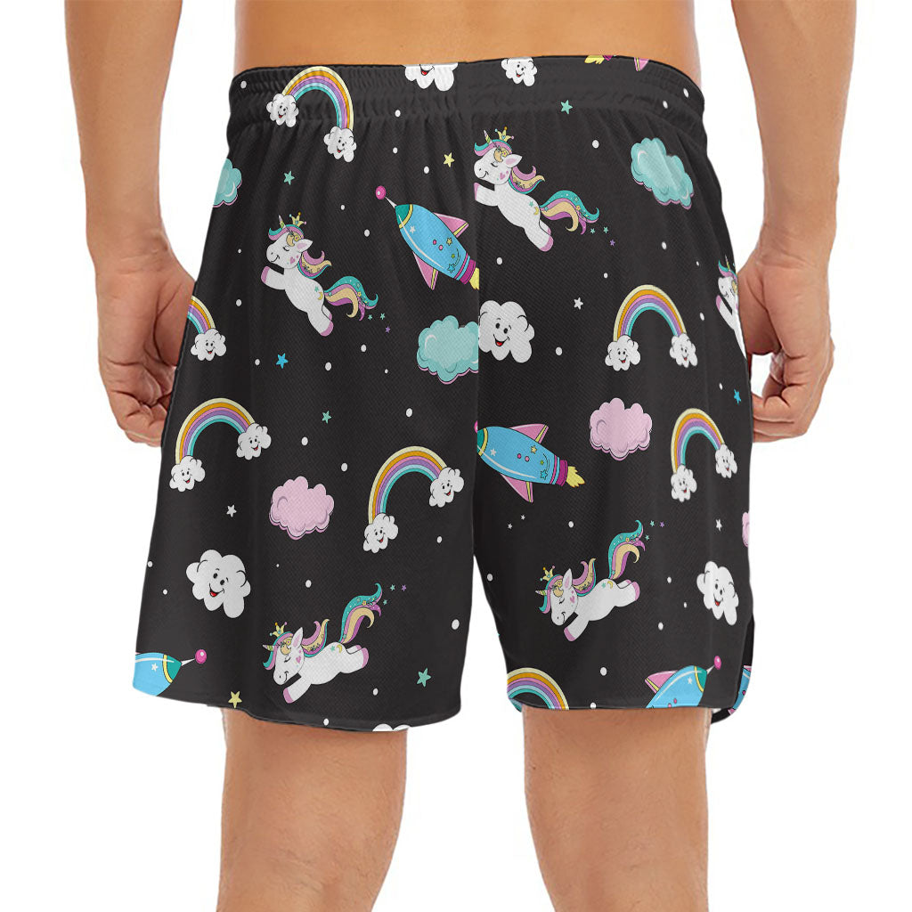 Star Space Unicorn Pattern Print Men's Split Running Shorts