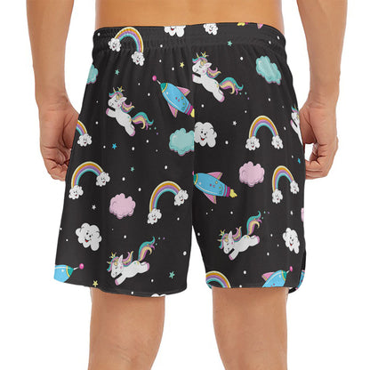 Star Space Unicorn Pattern Print Men's Split Running Shorts