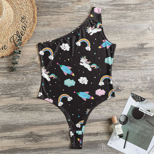 Star Space Unicorn Pattern Print One Shoulder Bodysuit