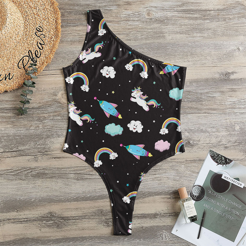 Star Space Unicorn Pattern Print One Shoulder Bodysuit