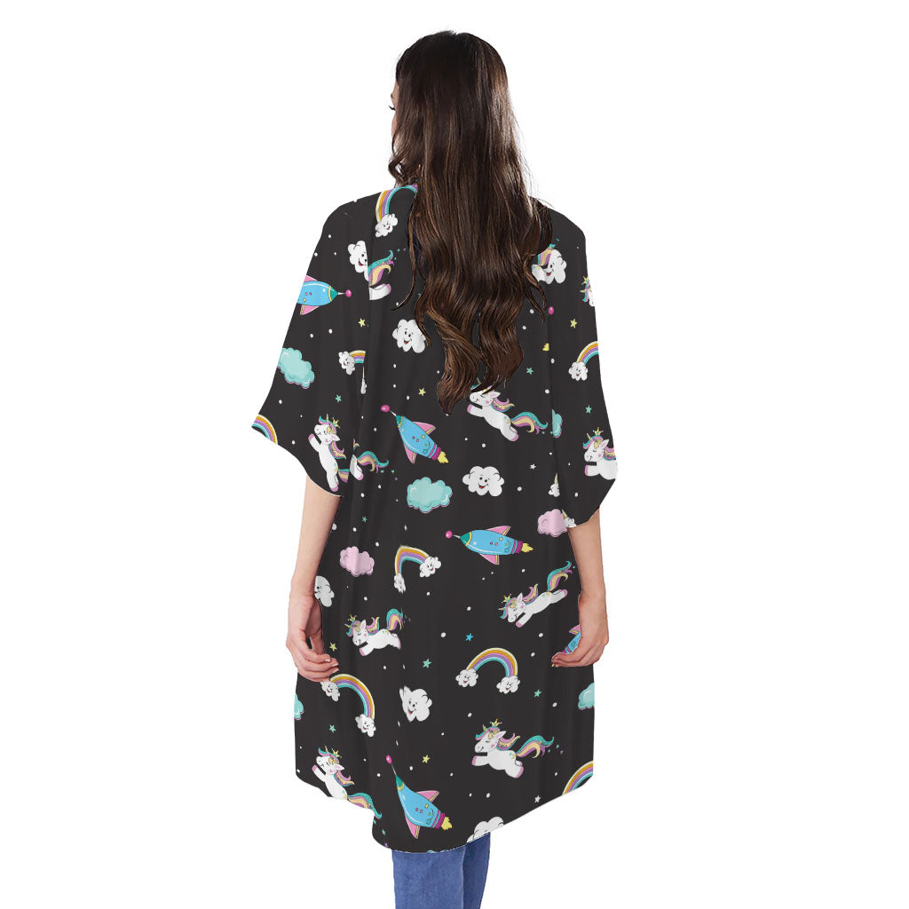 Star Space Unicorn Pattern Print Open Front Beach Cover Up