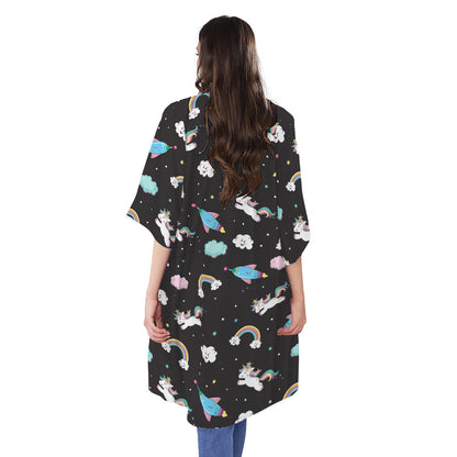 Star Space Unicorn Pattern Print Open Front Beach Cover Up