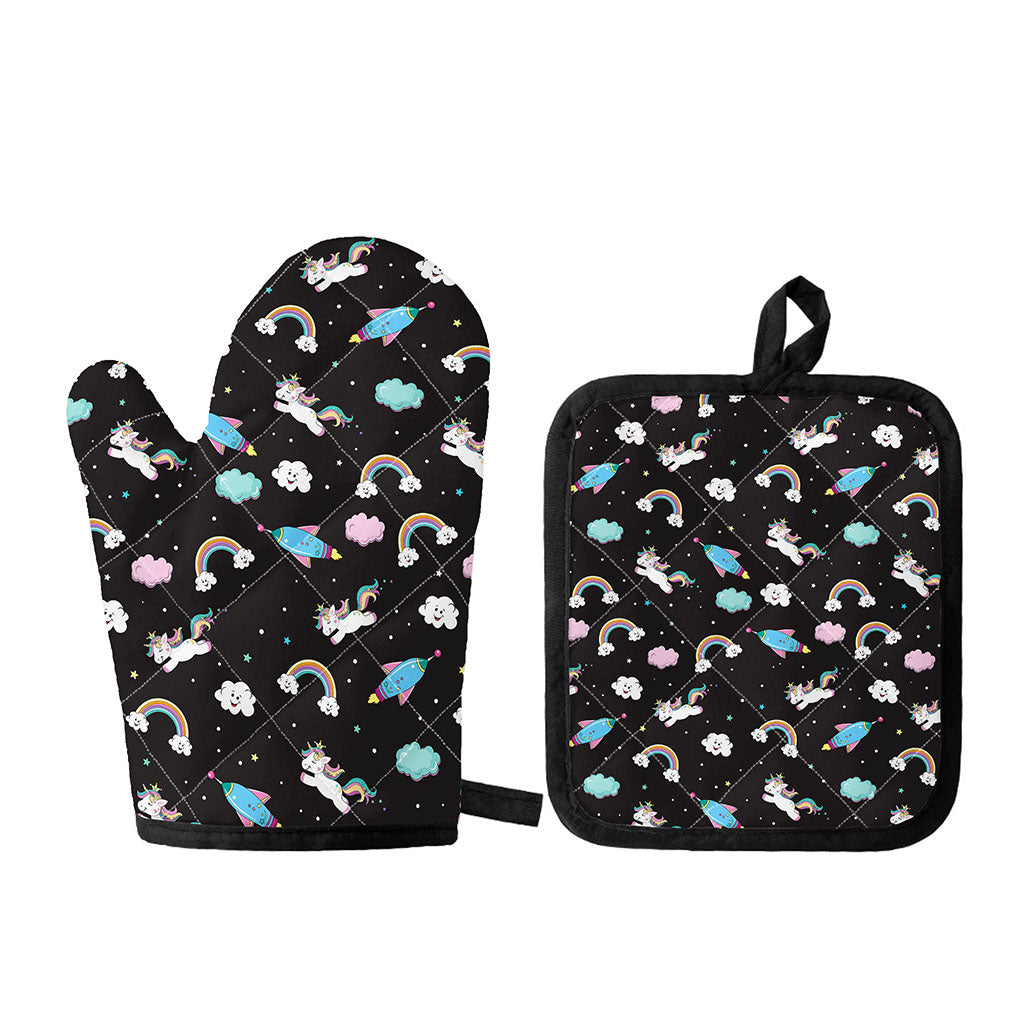 Star Space Unicorn Pattern Print Oven Mitt And Pot Holder Set