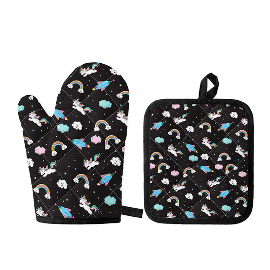 Star Space Unicorn Pattern Print Oven Mitt And Pot Holder Set