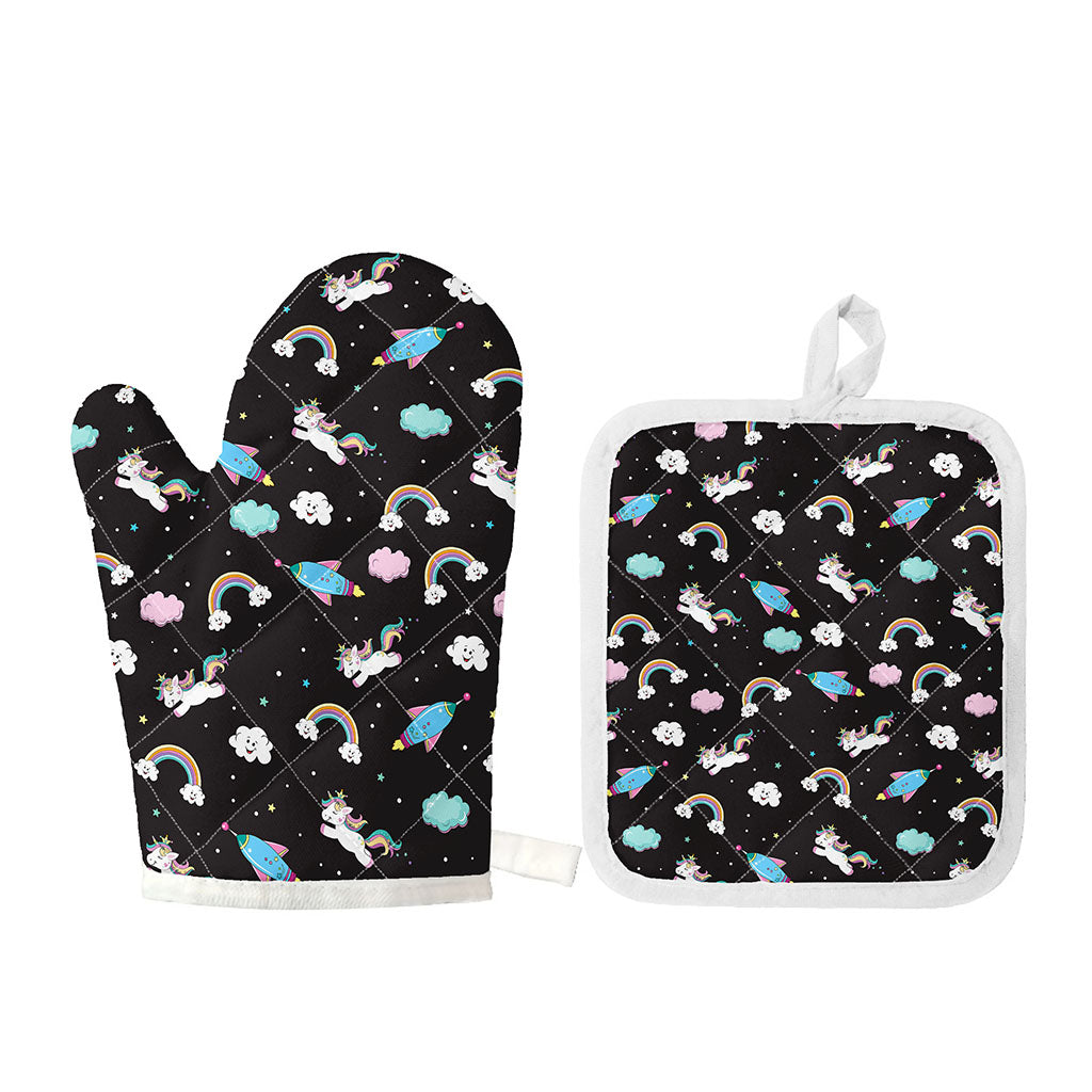 Star Space Unicorn Pattern Print Oven Mitt And Pot Holder Set