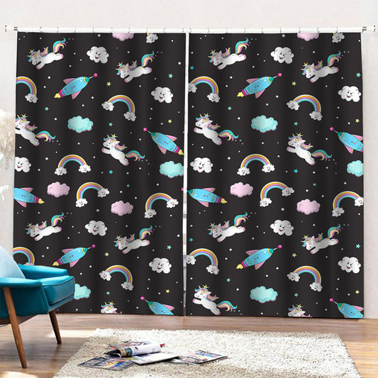 Star Space Unicorn Pattern Print Pencil Pleat Curtains