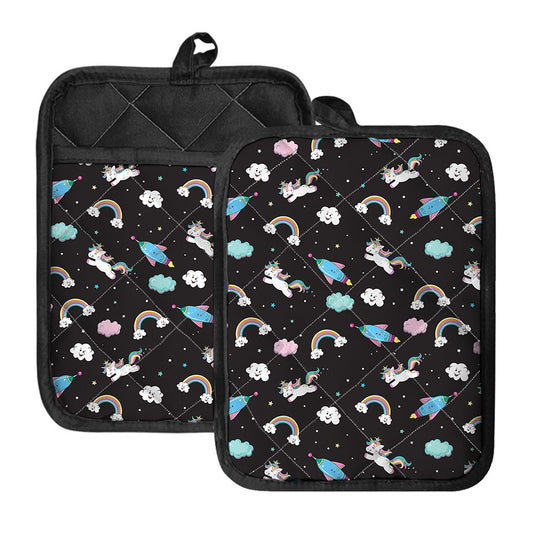Star Space Unicorn Pattern Print Pot Holders With Pocket