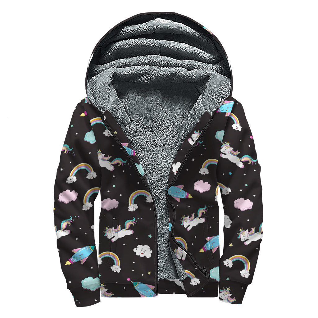 Star Space Unicorn Pattern Print Sherpa Lined Zip Up Hoodie