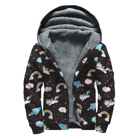 Star Space Unicorn Pattern Print Sherpa Lined Zip Up Hoodie