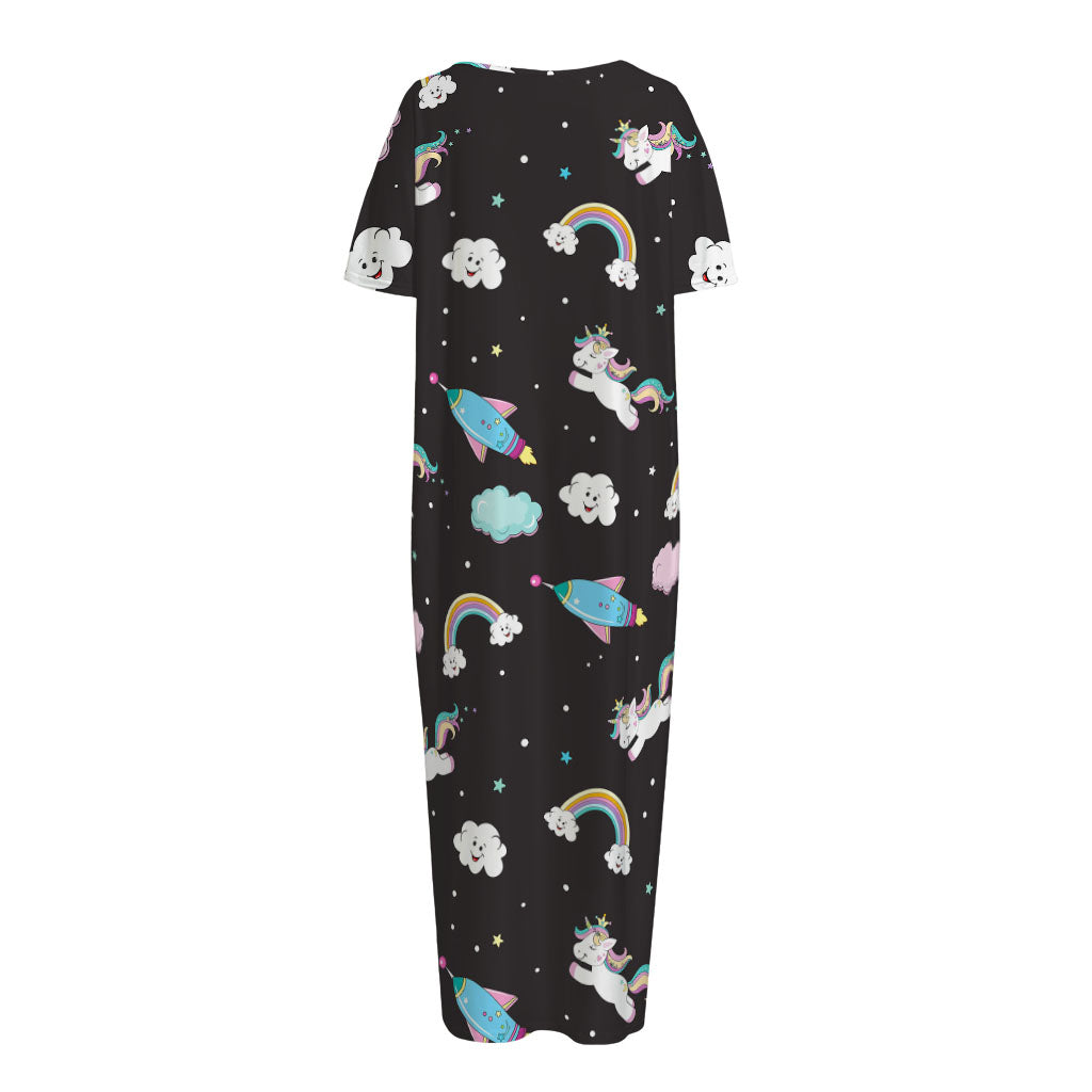 Star Space Unicorn Pattern Print Short Sleeve Long Nightdress