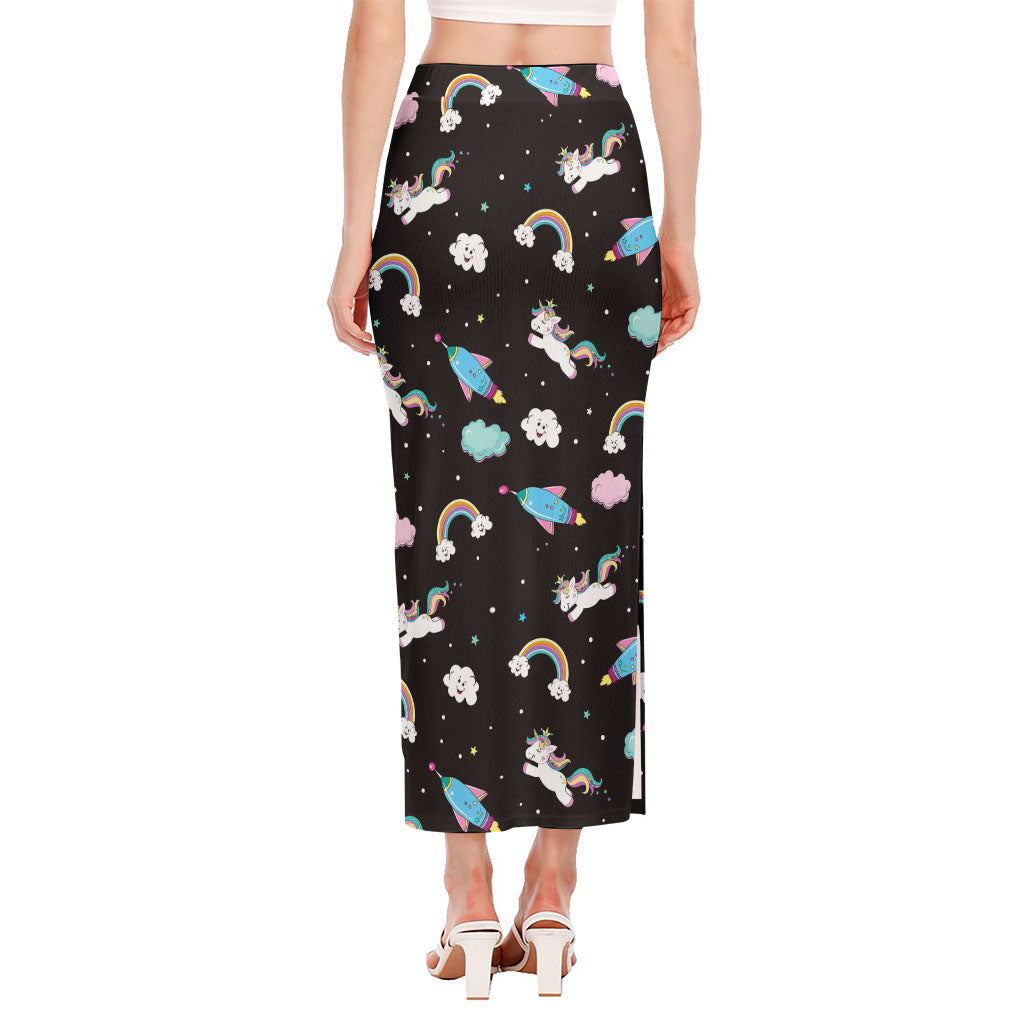 Star Space Unicorn Pattern Print Side Slit Maxi Skirt