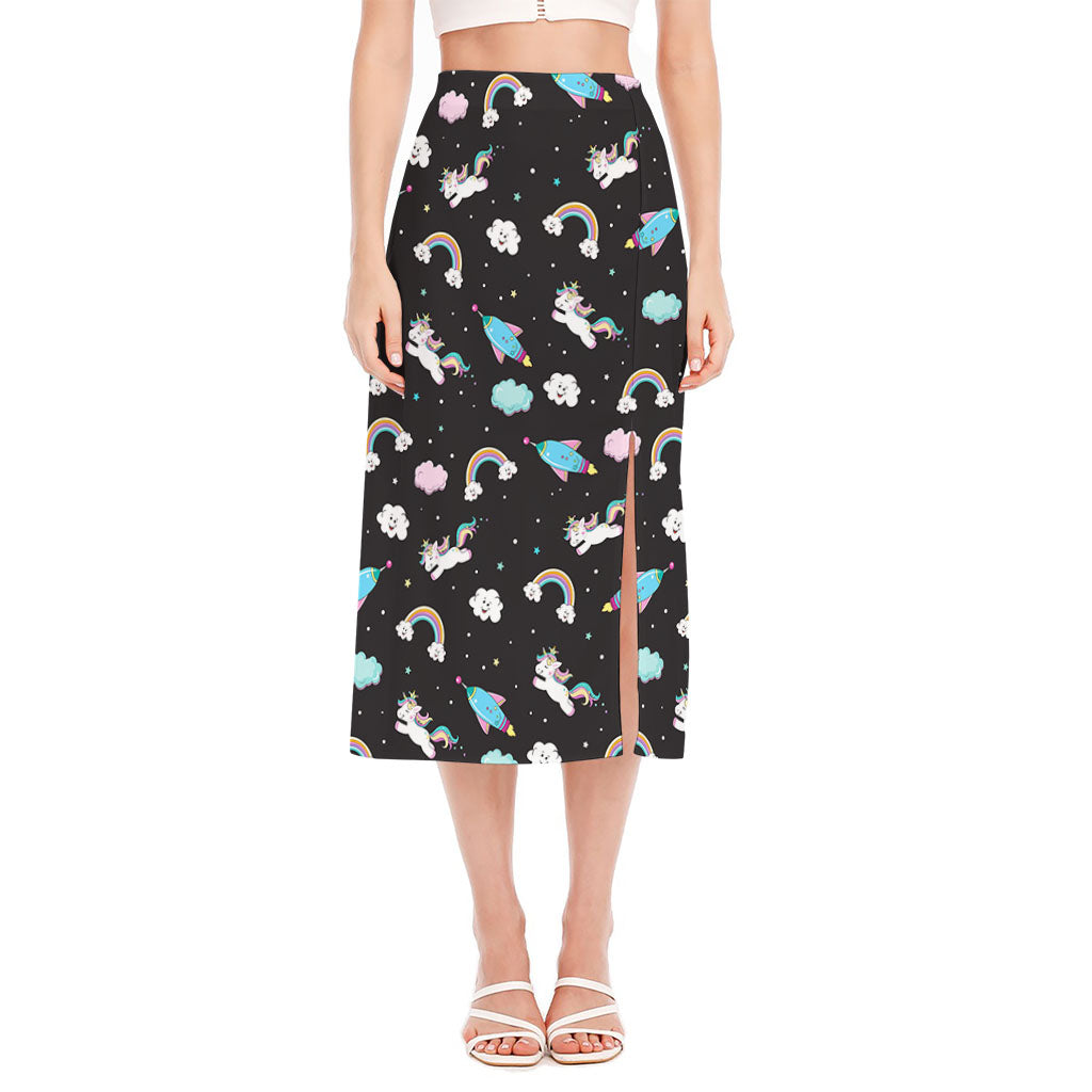 Star Space Unicorn Pattern Print Side Slit Midi Skirt