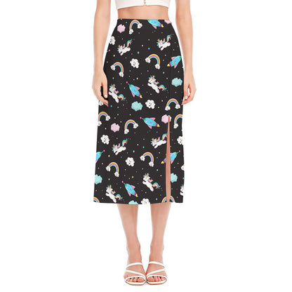 Star Space Unicorn Pattern Print Side Slit Midi Skirt