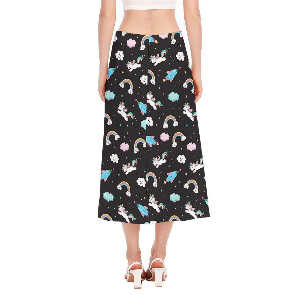 Star Space Unicorn Pattern Print Side Slit Midi Skirt