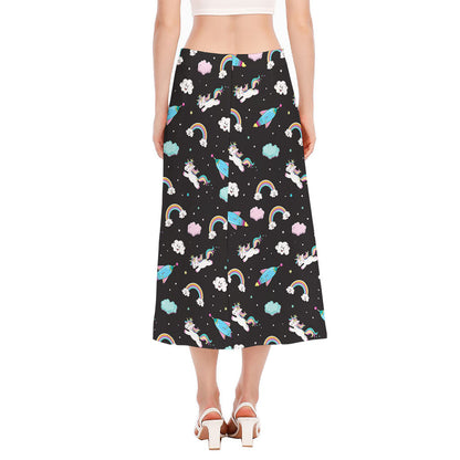 Star Space Unicorn Pattern Print Side Slit Midi Skirt