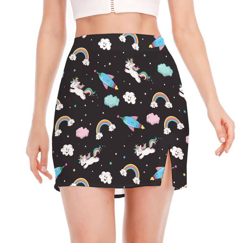 Star Space Unicorn Pattern Print Side Slit Mini Skirt