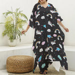 Star Space Unicorn Pattern Print Silk V-Neck Kaftan Dress