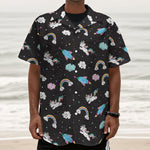 Star Space Unicorn Pattern Print Textured Short Sleeve Shirt