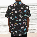 Star Space Unicorn Pattern Print Textured Short Sleeve Shirt