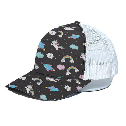 Star Space Unicorn Pattern Print White Mesh Trucker Cap