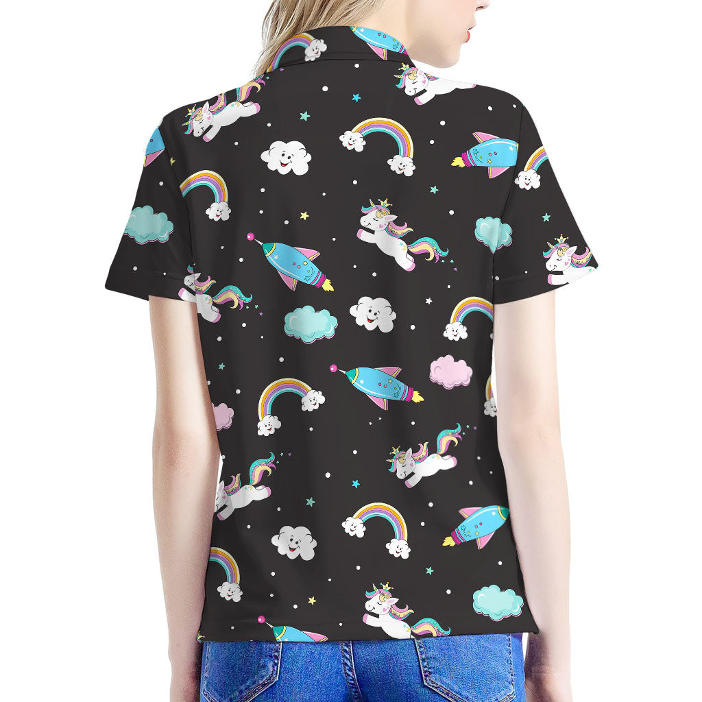 Star Space Unicorn Pattern Print Women's Polo Shirt