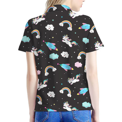 Star Space Unicorn Pattern Print Women's Polo Shirt