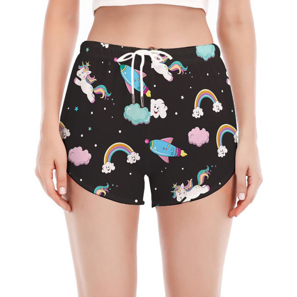Star Space Unicorn Pattern Print Women's Split Running Shorts