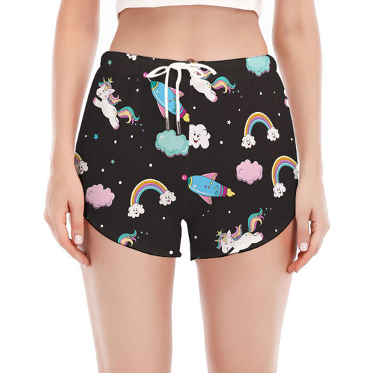 Star Space Unicorn Pattern Print Women's Split Running Shorts