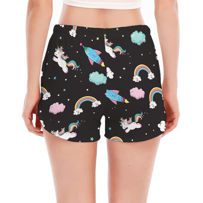 Star Space Unicorn Pattern Print Women's Split Running Shorts