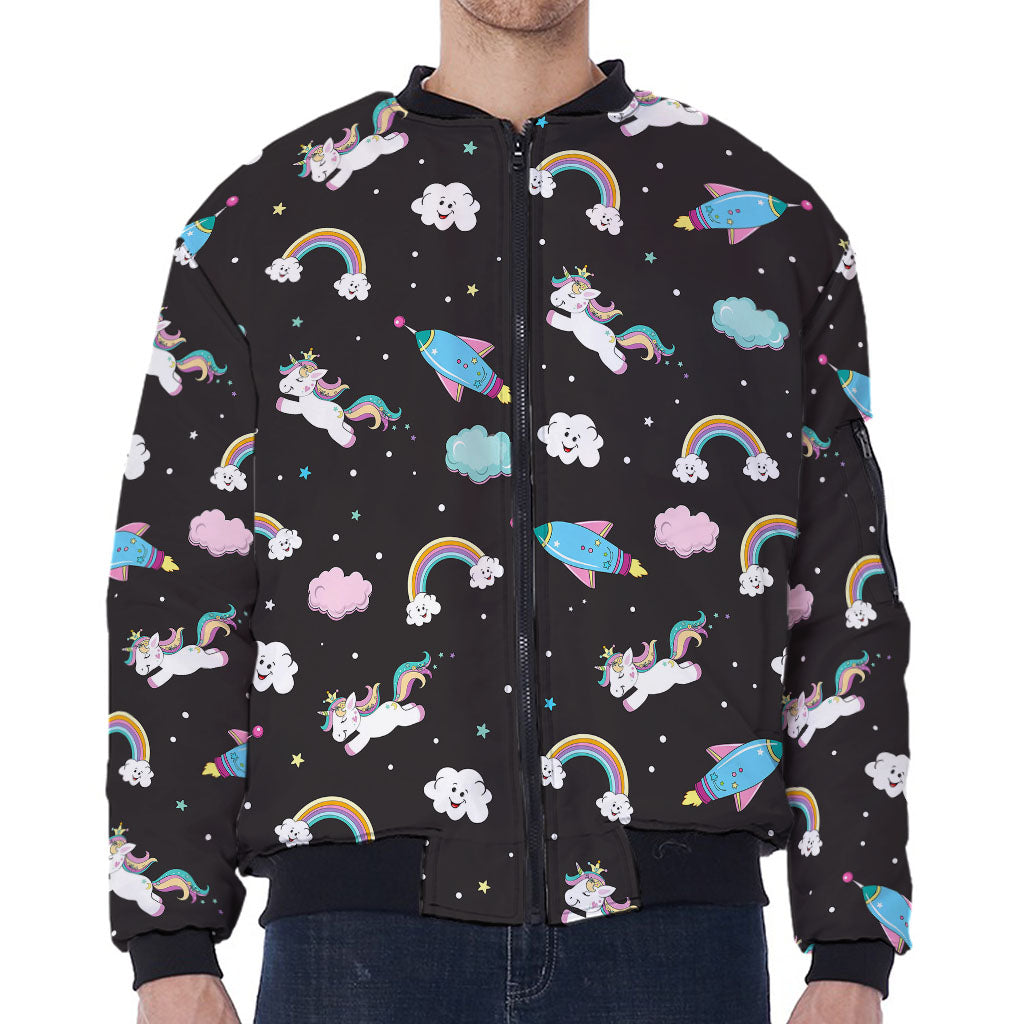 Star Space Unicorn Pattern Print Zip Sleeve Bomber Jacket