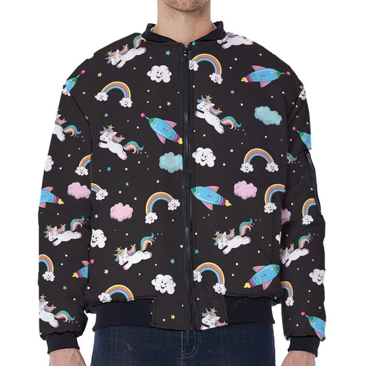 Star Space Unicorn Pattern Print Zip Sleeve Bomber Jacket