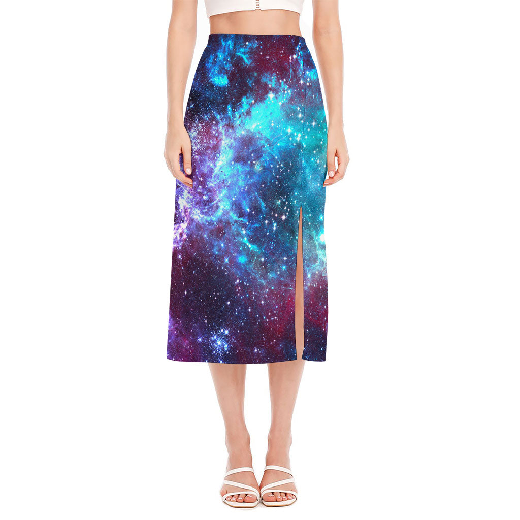 Starfield Nebula Galaxy Space Print Side Slit Midi Skirt