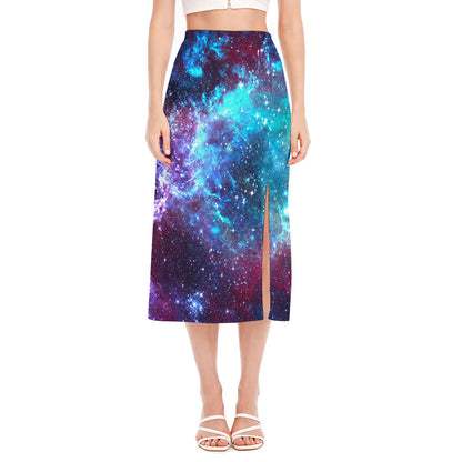 Starfield Nebula Galaxy Space Print Side Slit Midi Skirt
