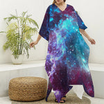Starfield Nebula Galaxy Space Print Silk V-Neck Kaftan Dress