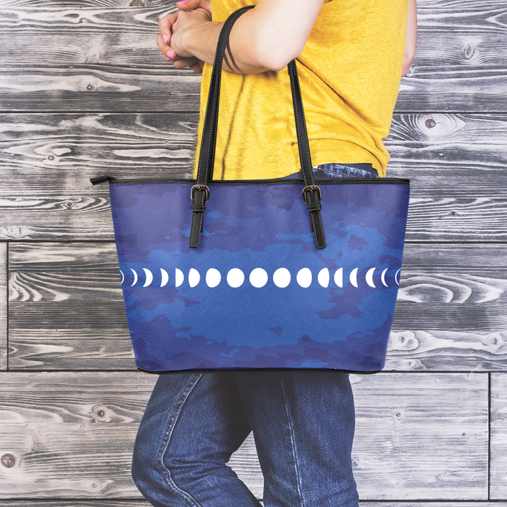 Starry Sky Lunar Phase Print Leather Tote Bag