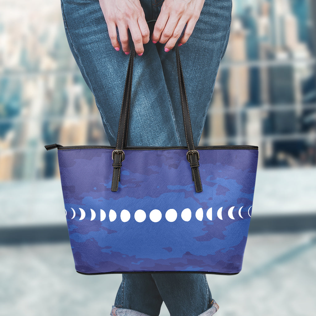 Starry Sky Lunar Phase Print Leather Tote Bag
